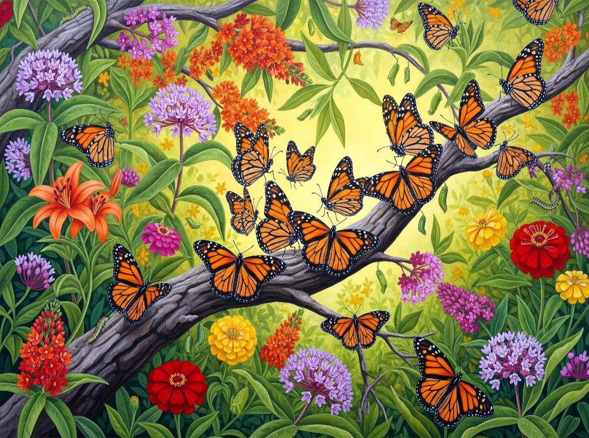 Monarchfalter sammeln sich auf einem Ast zwischen leuchtenden Blüten