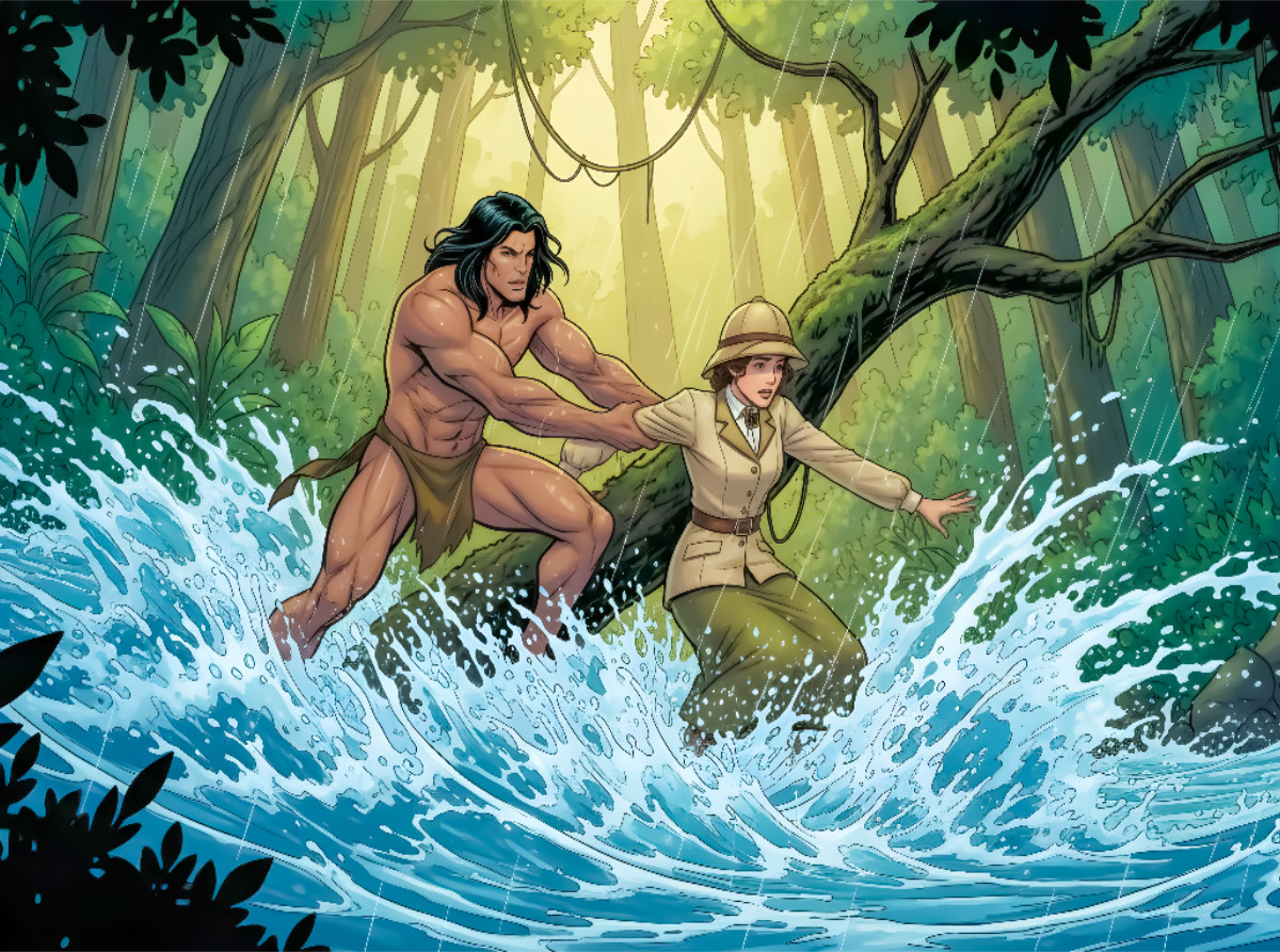 Tarzan beschützt Jane vor Stromschnellen