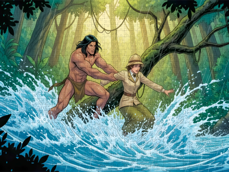 Tarzan beschützt Jane vor Stromschnellen