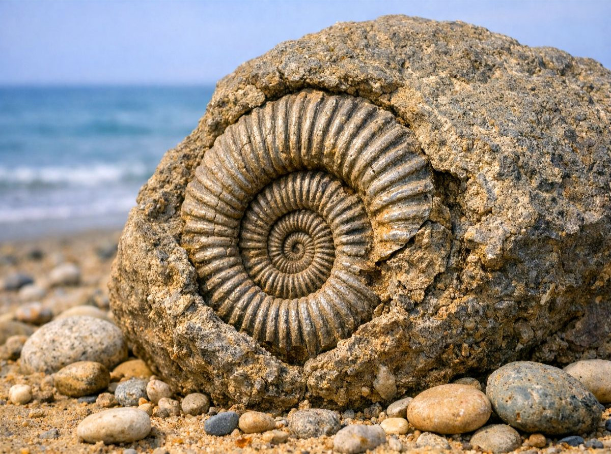 Ammonit im Stein am Strand