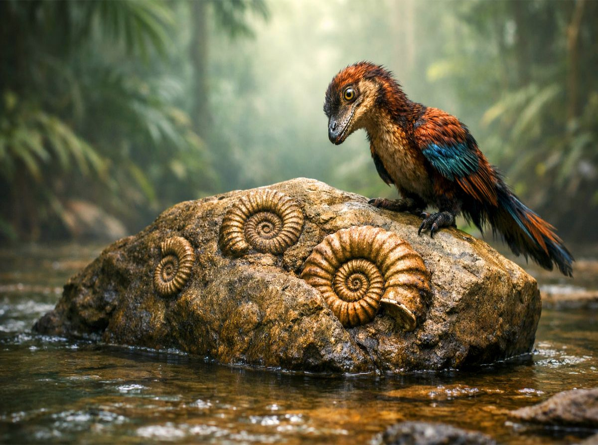 Ein eigentlich ausgestorbener Archaeopteryx findet versteinerte Ammoniten