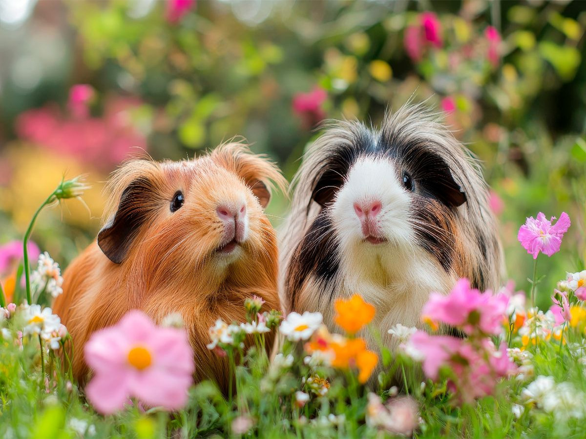 Süße Meerschweinchen im Blumenmeer