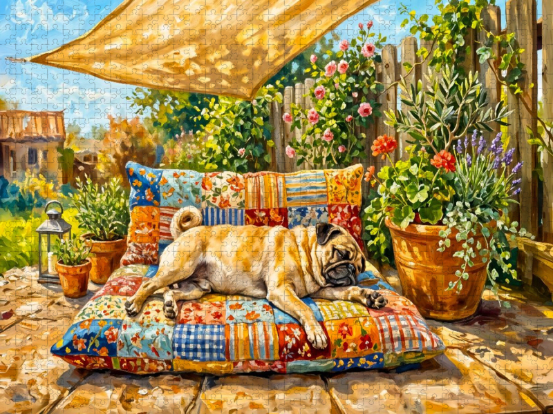 Mops entspannt gemütlich auf Kissen auf Terrasse Puzzle