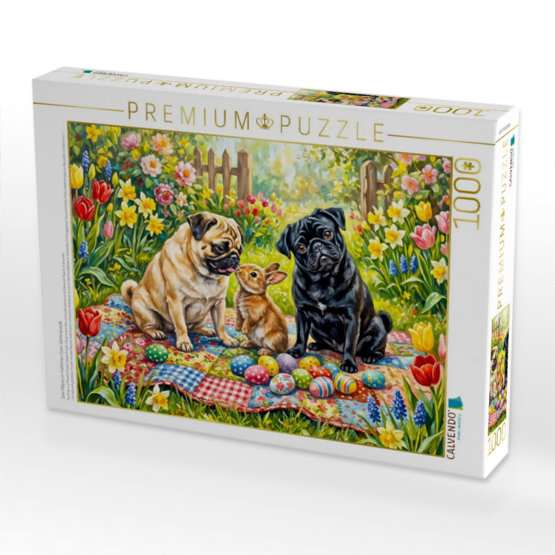Zwei Möpse im fröhlichen Oster-Gartenpuzzle