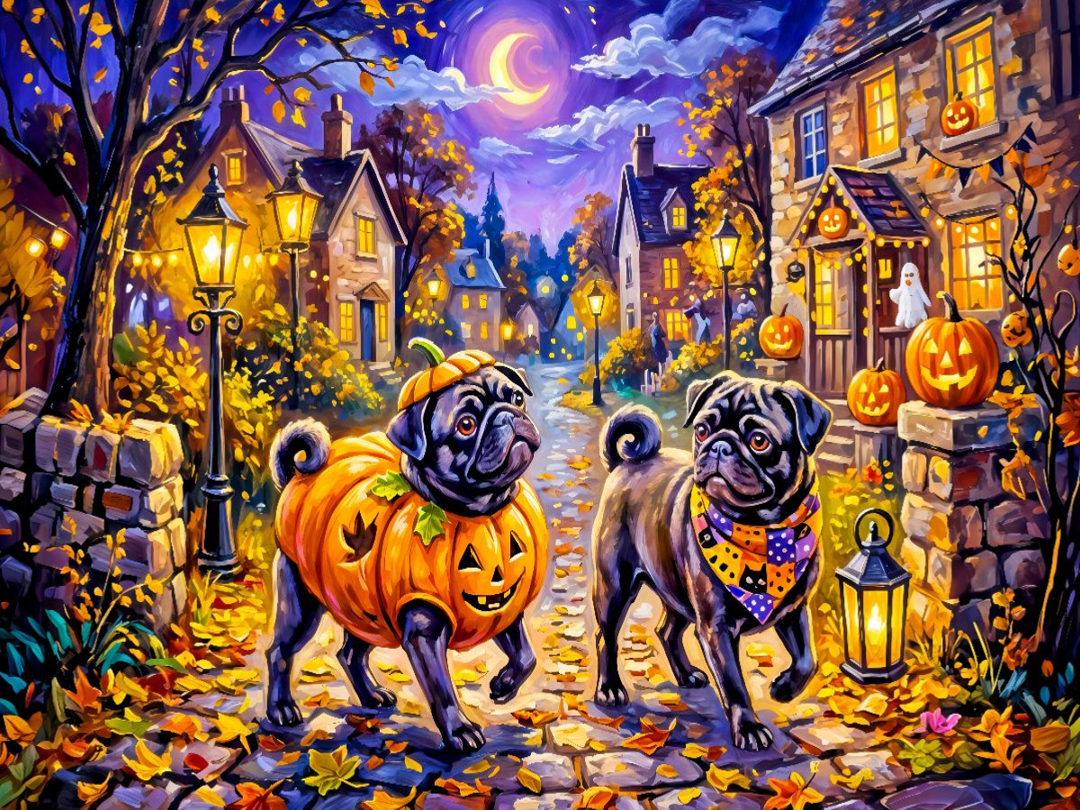 Möpse auf fröhlicher Halloween-Rundtour Puzzle