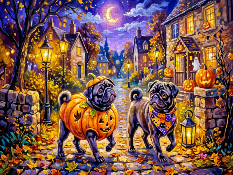 Möpse auf fröhlicher Halloween-Rundtour Puzzle