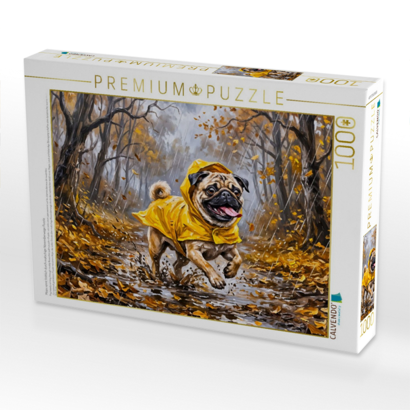 Mops rennt fröhlich durch matschige Novemberwege Puzzle