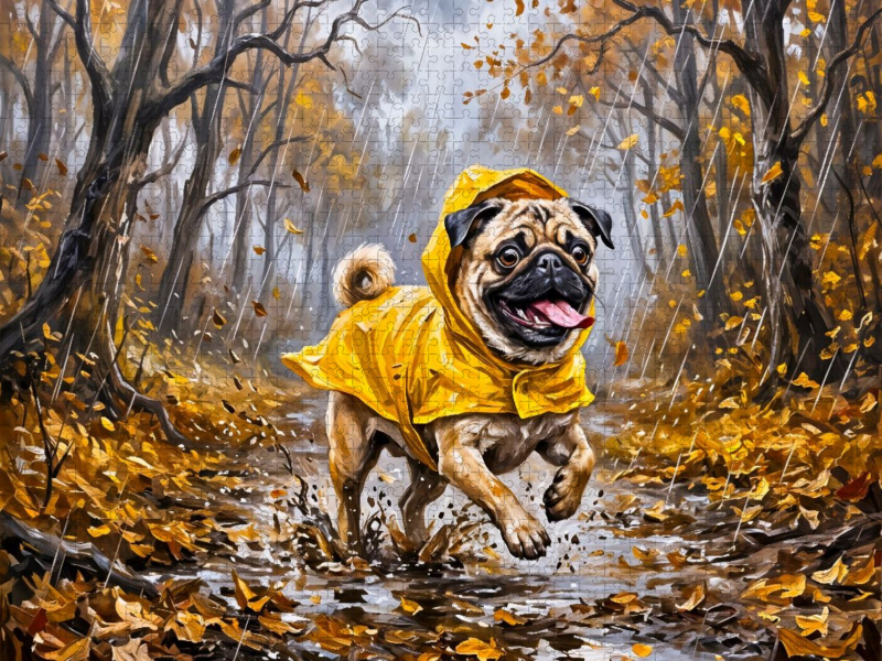 Mops rennt fröhlich durch matschige Novemberwege Puzzle