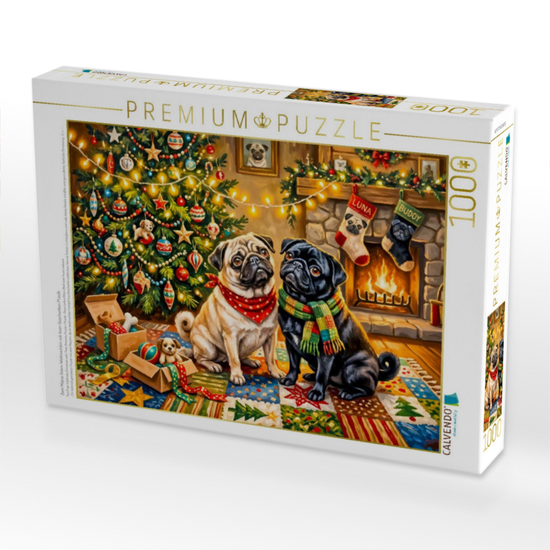 Zwei Möpse feiern Weihnachten mit ihren Geschenken Puzzle