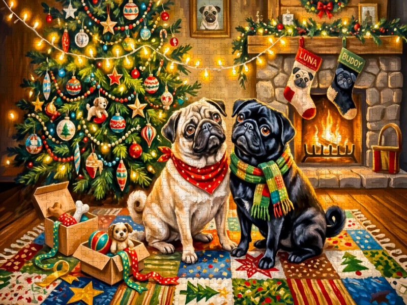 Zwei Möpse feiern Weihnachten mit ihren Geschenken Puzzle