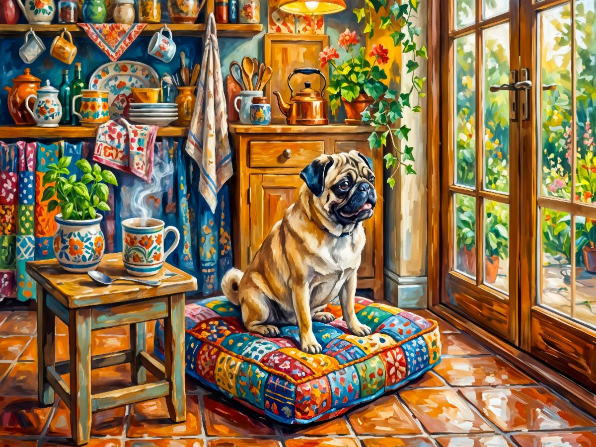 Mops entspannt auf Kissen und blickt in Garten Puzzle