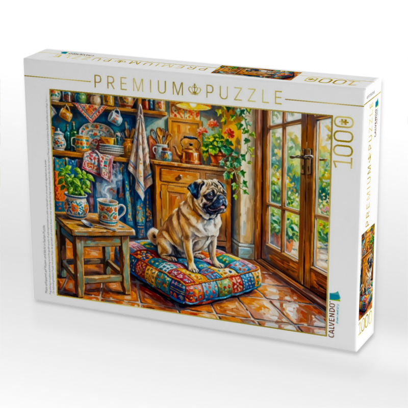 Mops entspannt auf Kissen und blickt in Garten Puzzle