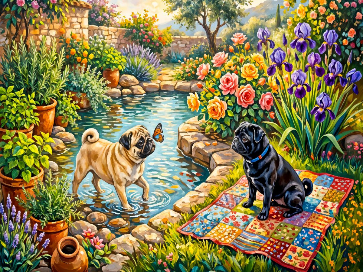 Zwei Möpse am blühenden Cottage-Gartenteich Puzzle