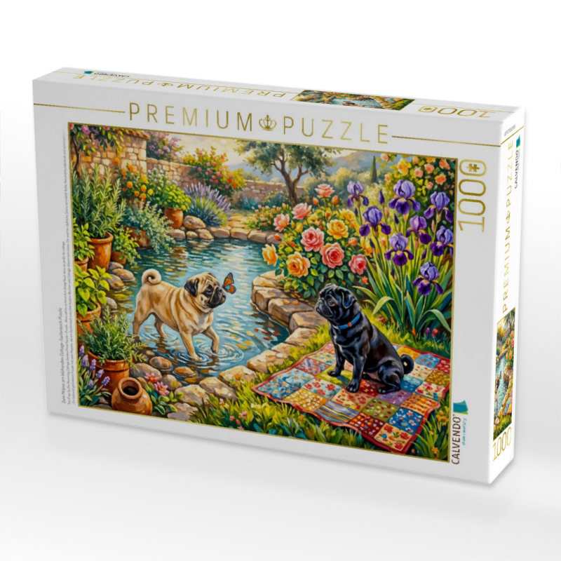 Zwei Möpse am blühenden Cottage-Gartenteich Puzzle