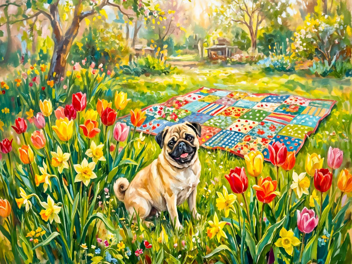 Mops im blühenden Frühlingsgarten auf Patchworkdecke Puzzle