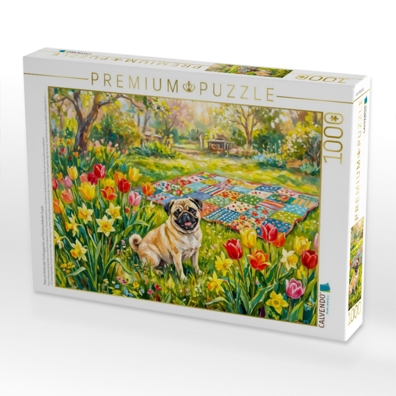 Mops im blühenden Frühlingsgarten auf Patchworkdecke Puzzle