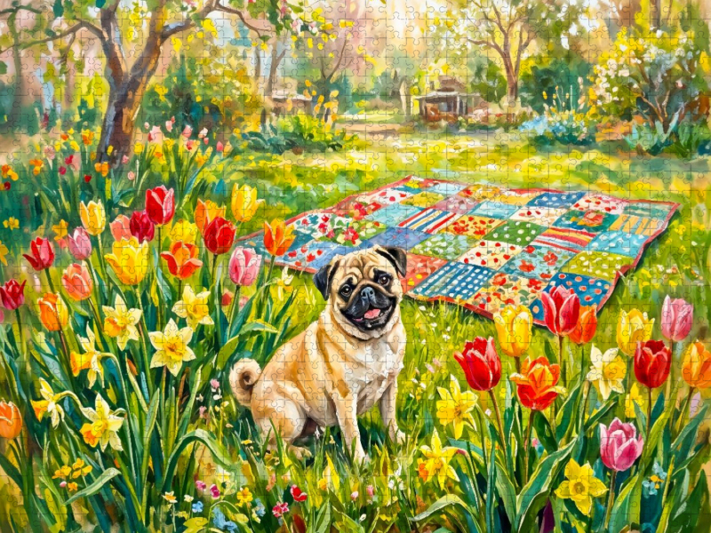 Mops im blühenden Frühlingsgarten auf Patchworkdecke Puzzle
