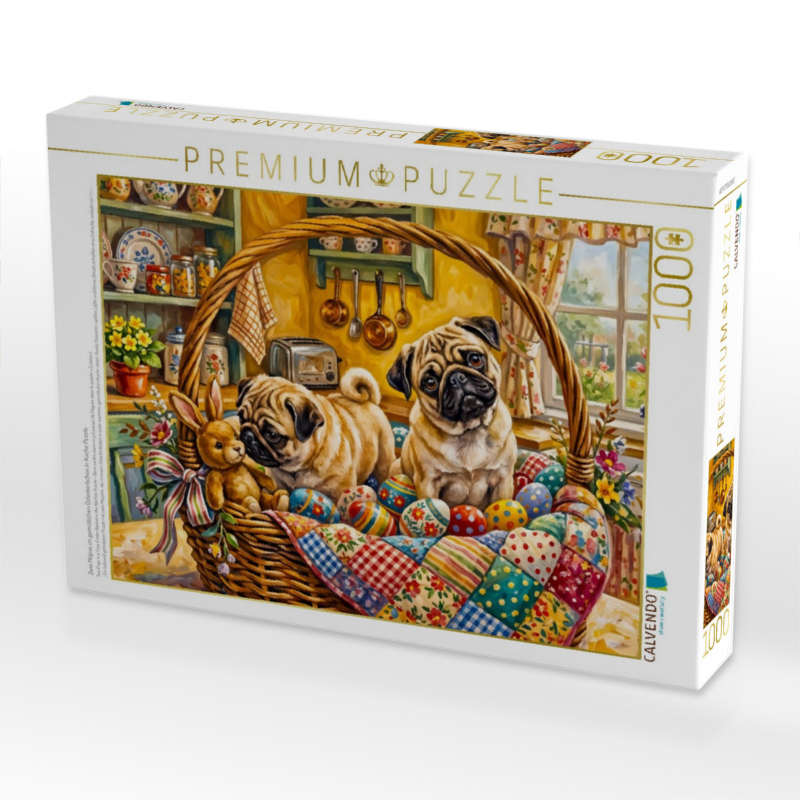 Zwei Möpse im gemütlichen Osterkörbchen in Küche Puzzle