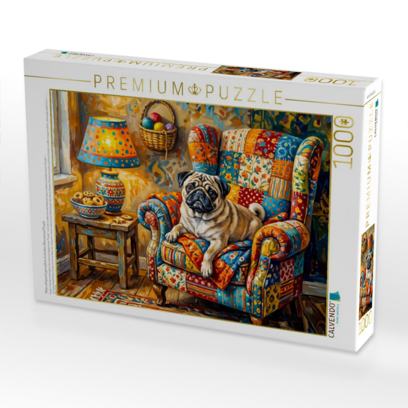 Mops entspannt gemütlich im bunten Ohrensessel Puzzle