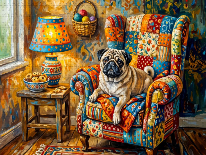 Mops entspannt gemütlich im bunten Ohrensessel Puzzle