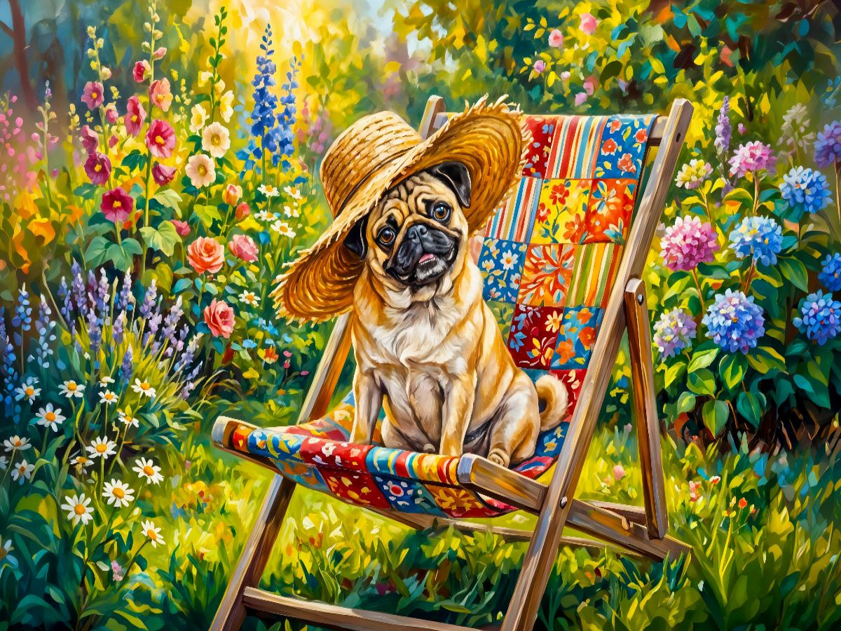 Mops im Gartenstuhl mit Strohhut am Blumenbeet Puzzle