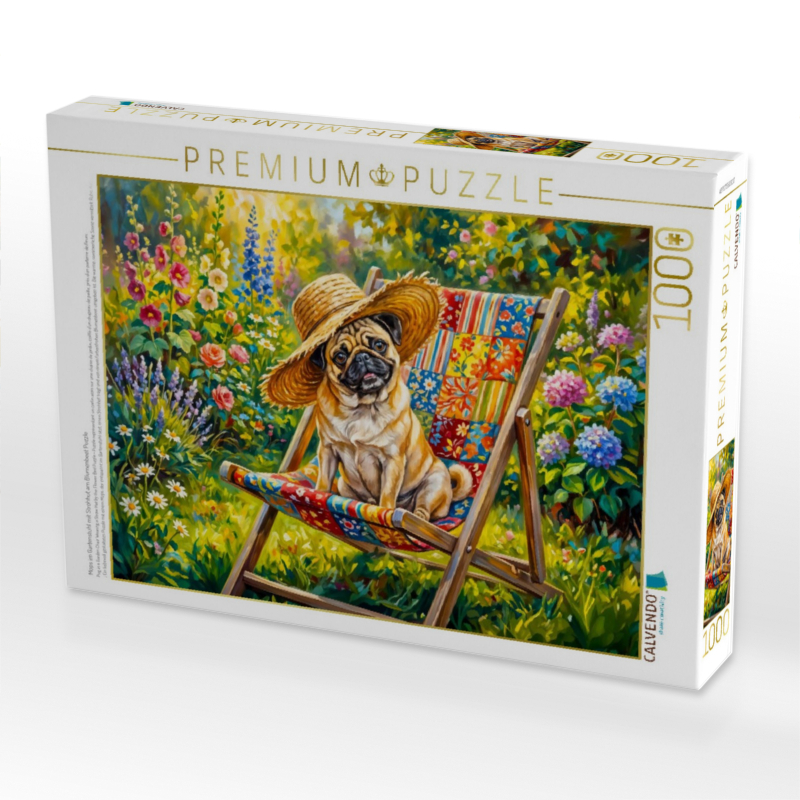Mops im Gartenstuhl mit Strohhut am Blumenbeet Puzzle