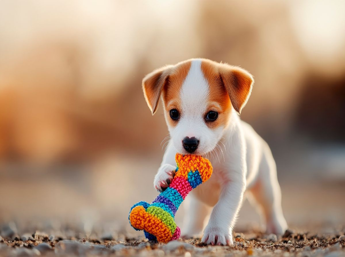 Jack Russell Terrier Welpe mit seinem Lieblingsspielzeug