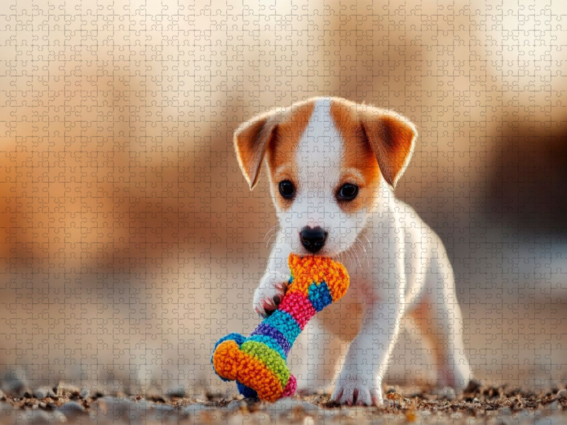 Jack Russell Terrier Welpe mit seinem Lieblingsspielzeug