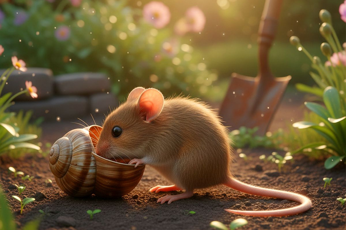 Kleine Maus mit Schneckenhaus