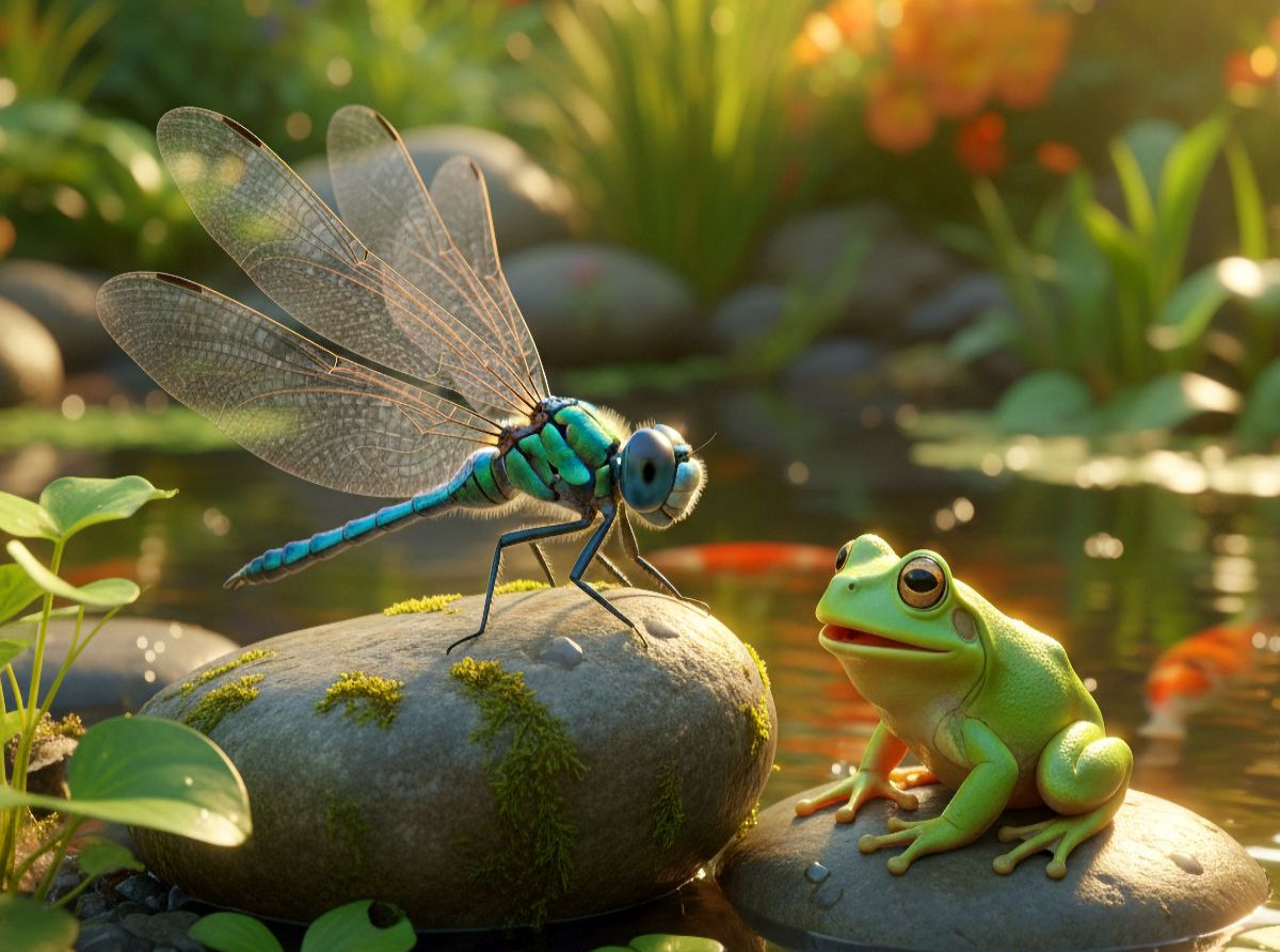 Treffen am Wasser zwischen Libelle und Frosch