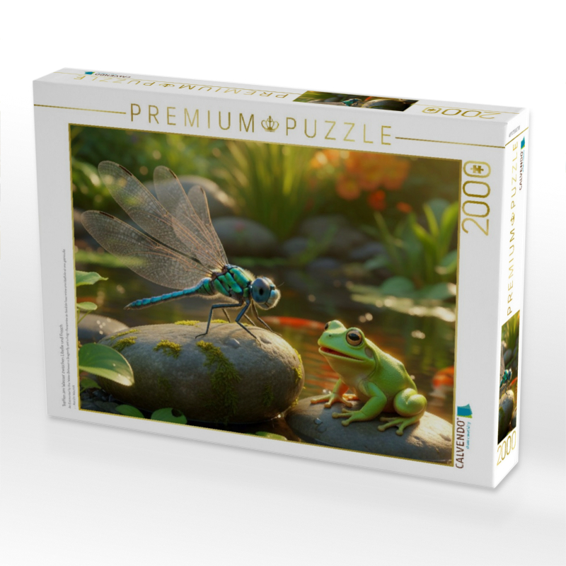 Treffen am Wasser zwischen Libelle und Frosch