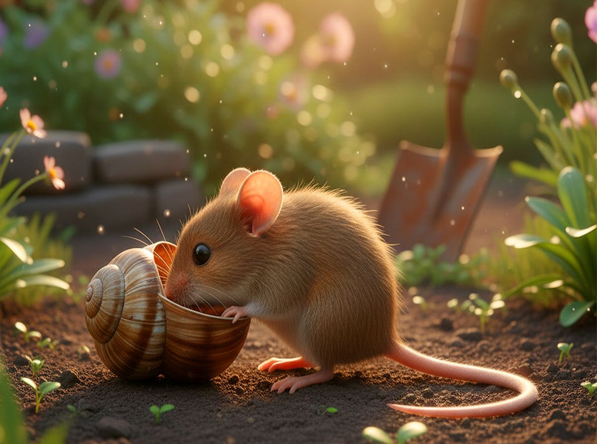Kleine Maus mit Schneckenhaus