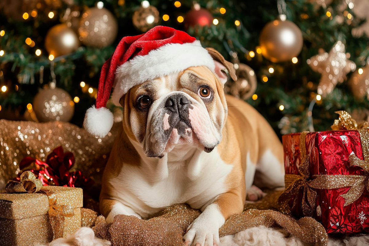 Englische Bulldogge im Weihnachtszauber