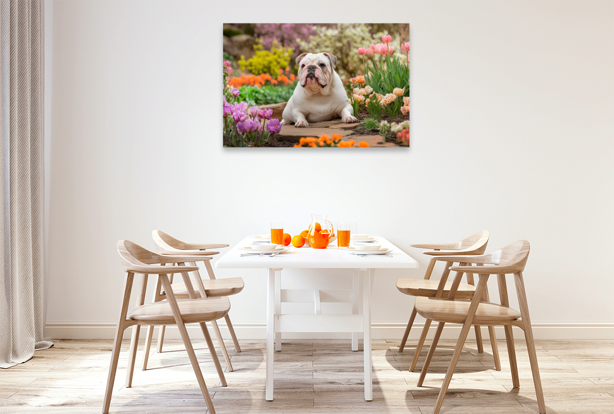 Englische Bulldogge im Frühlingsgarten