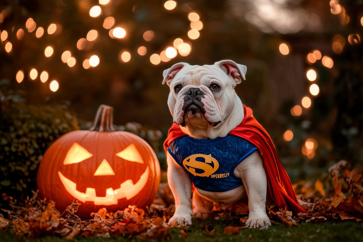 Englische Bulldogge als Halloween Superheld