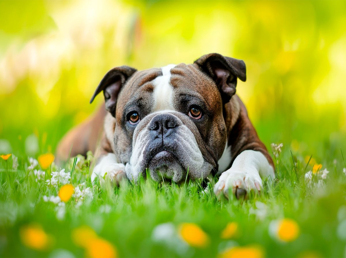 Englische Bulldogge genießt die Natur