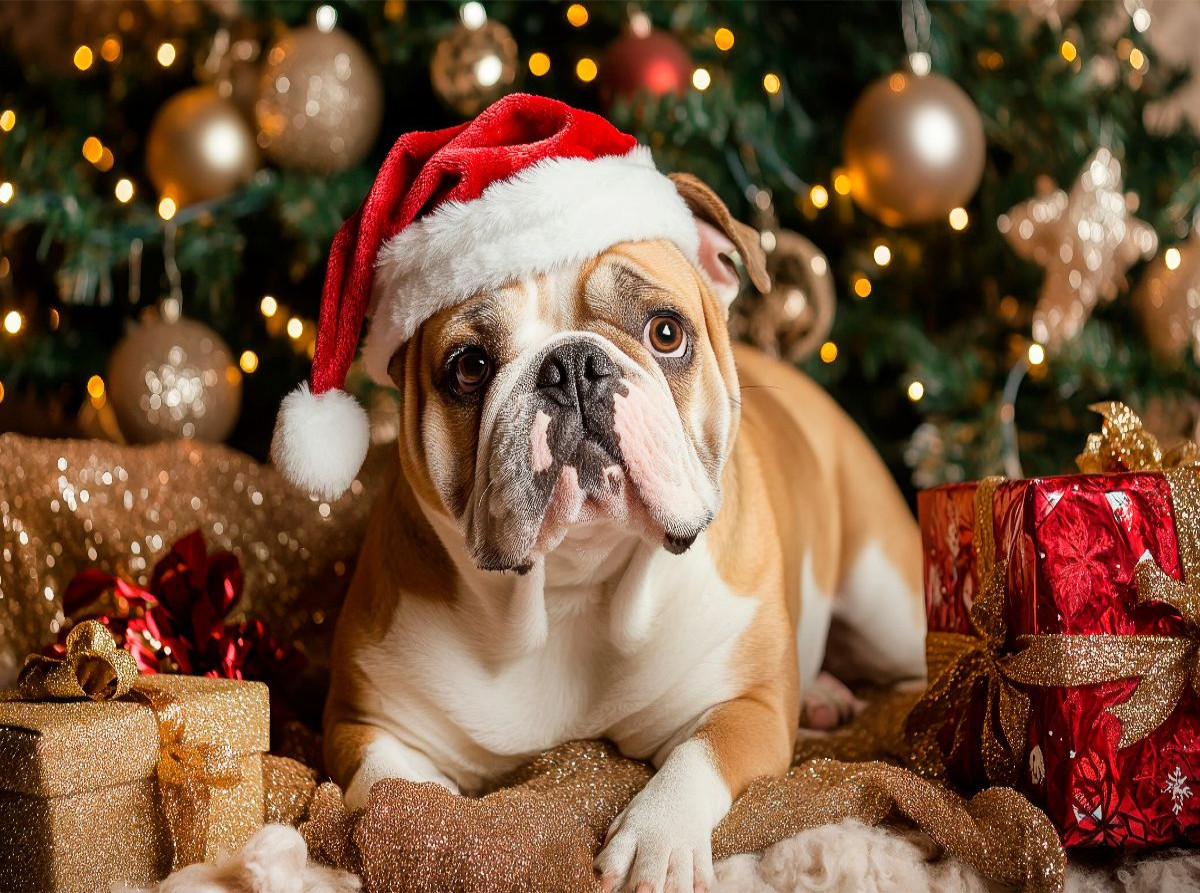 Englische Bulldogge im Weihnachtszauber