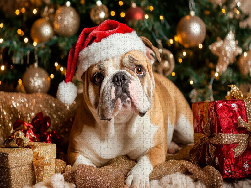 Englische Bulldogge im Weihnachtszauber