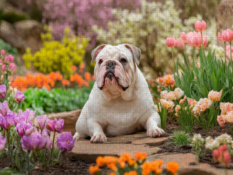 Englische Bulldogge im Frühlingsgarten