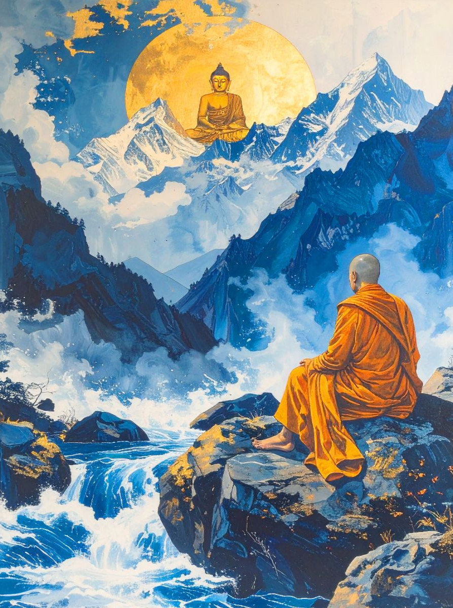 Begegnung am Wasser - Mönch in Tibet