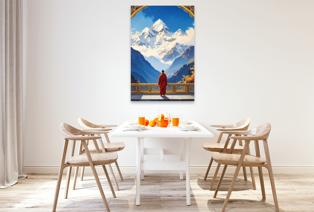 Buddhistischer Mönch mit Blick auf den Himalaya