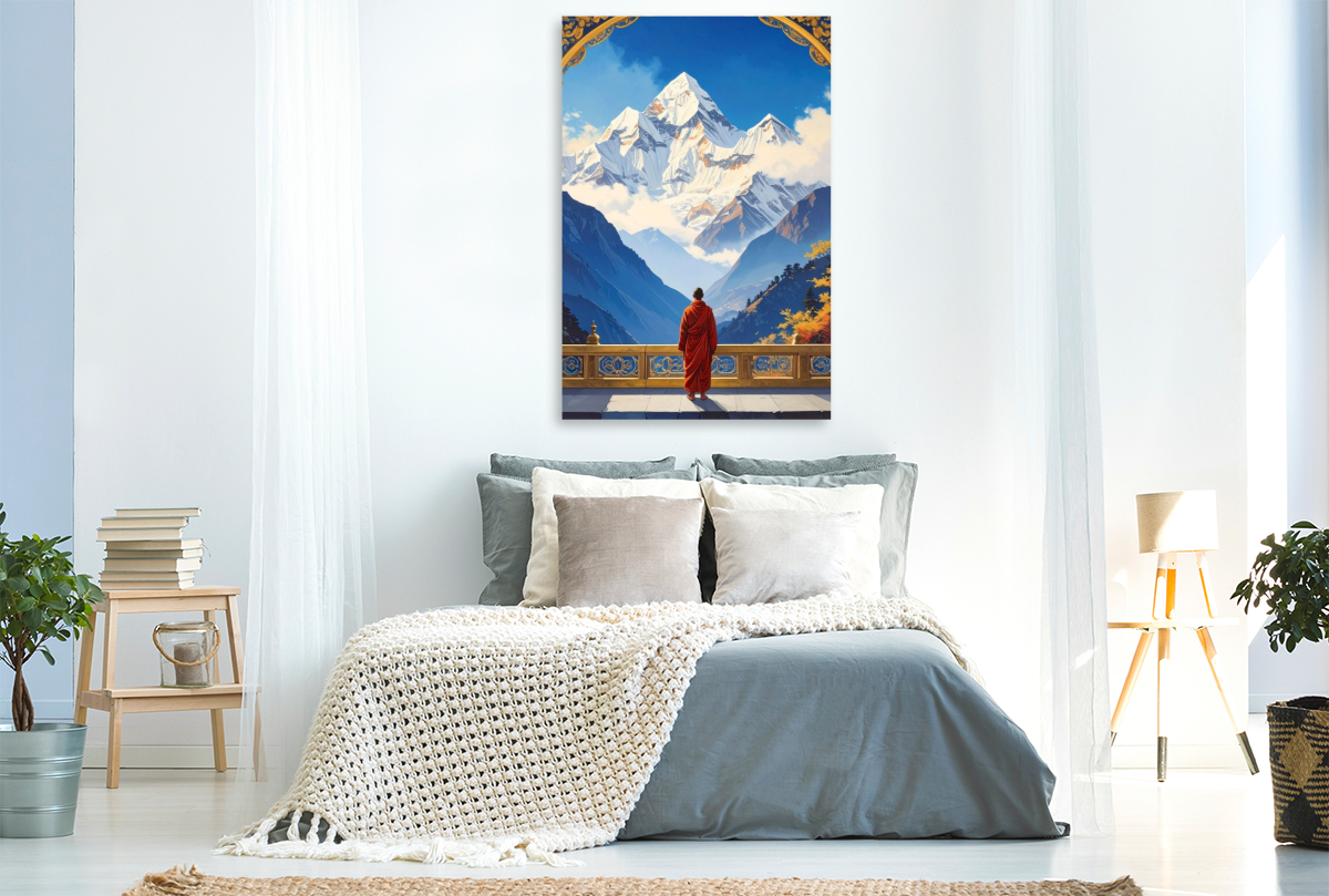 Buddhistischer Mönch mit Blick auf den Himalaya