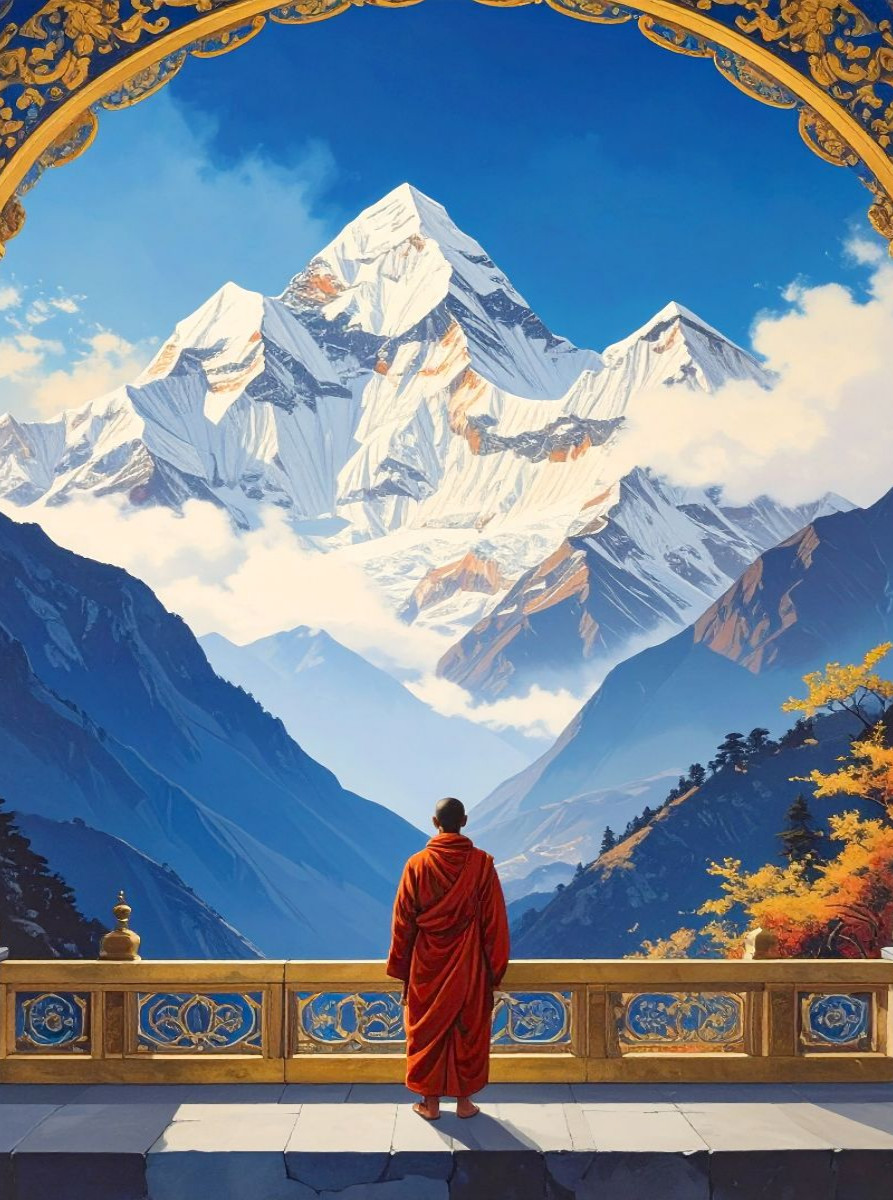 Buddhistischer Mönch mit Blick auf den Himalaya