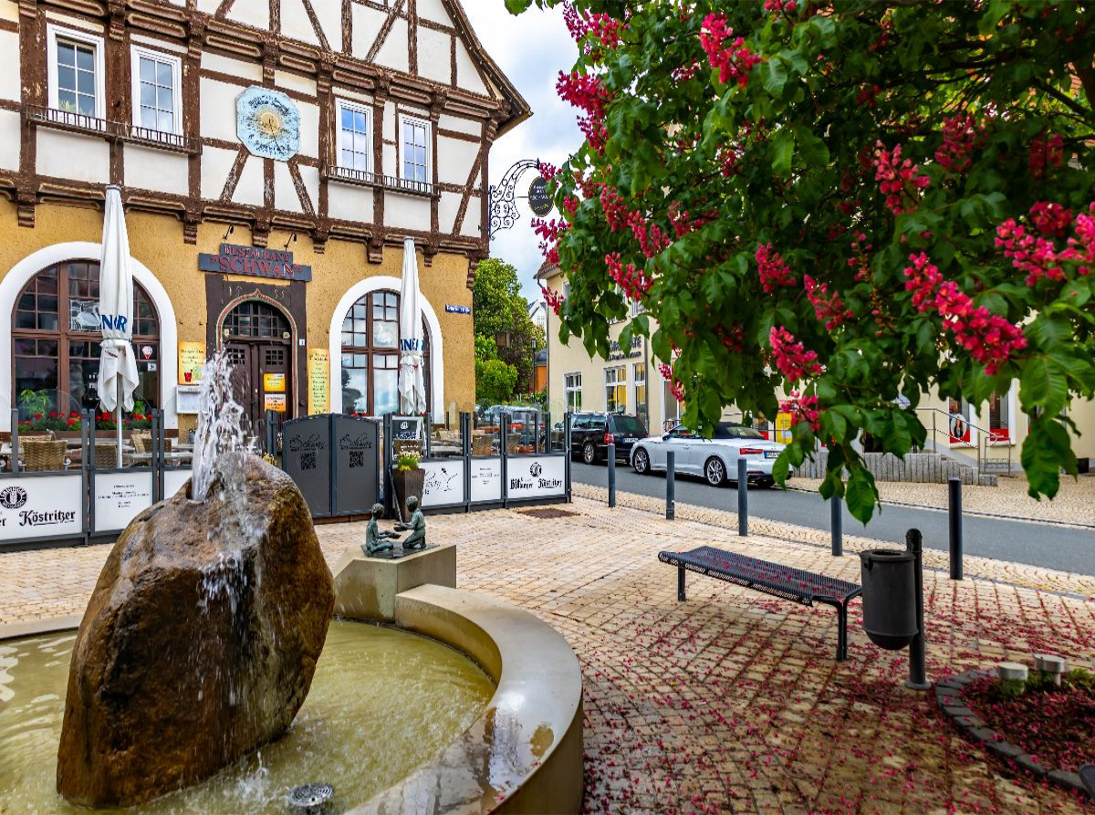 Rote Kastanien am Brunnen 'Spielende Kinder'