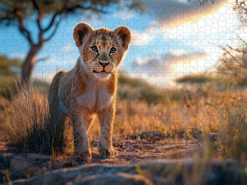 Löwenjunges im Abendlicht