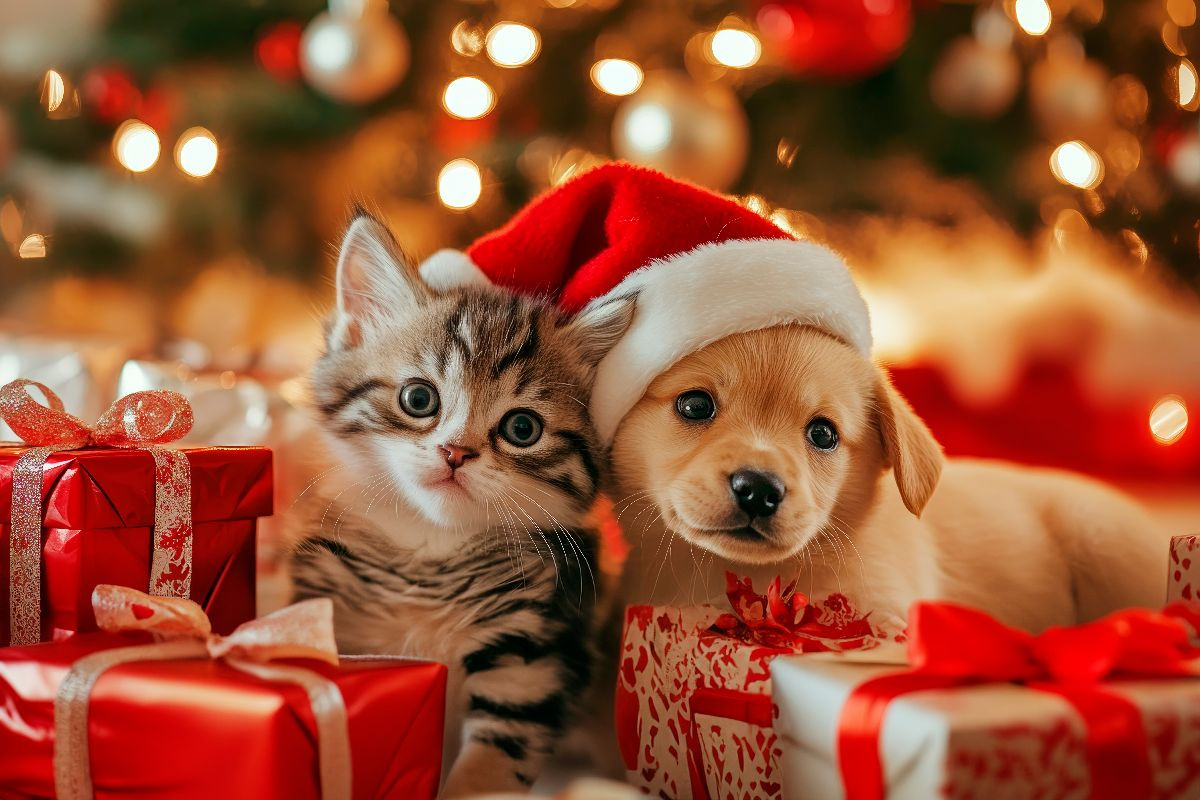 Katzenbaby und Welpe - Weihnachtliche Kuschelzeit