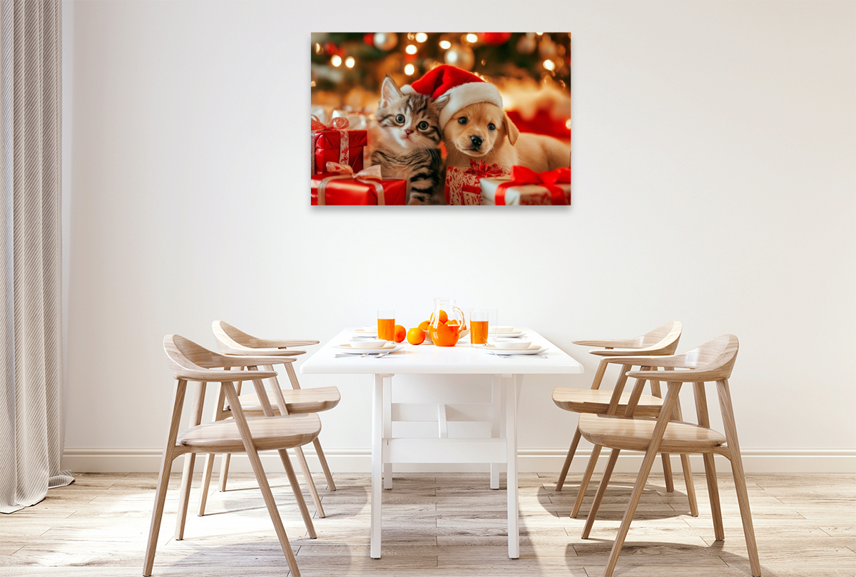 Katzenbaby und Welpe - Weihnachtliche Kuschelzeit