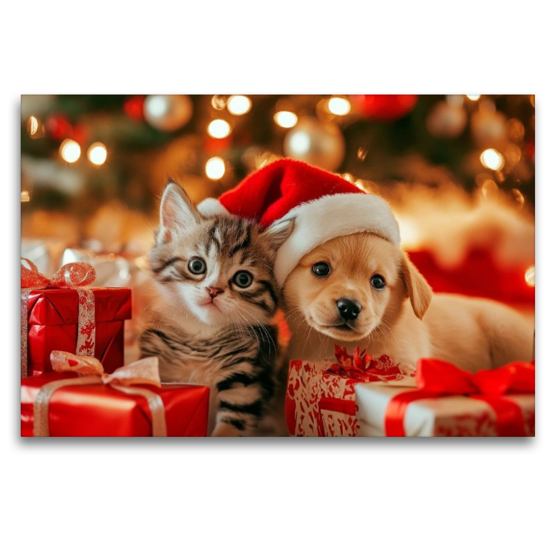 Katzenbaby und Welpe - Weihnachtliche Kuschelzeit