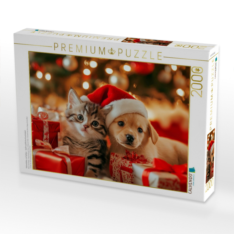 Katzenbaby und Welpe - Weihnachtliche Kuschelzeit