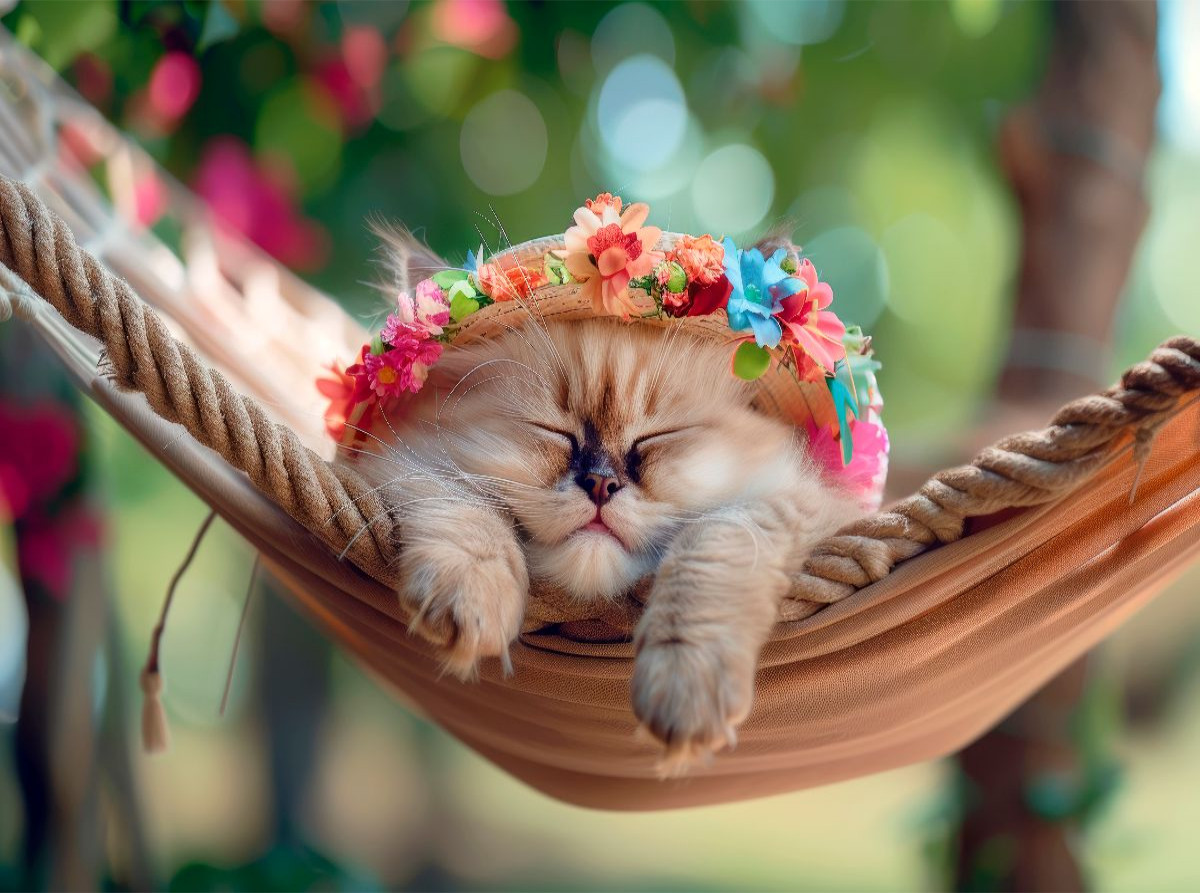 Katzenbaby - Kleines Blumenkind faul in der Hängematte